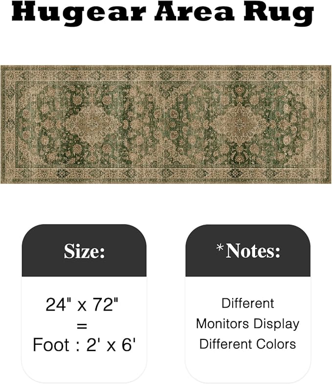 HUGEAR 2x6 Runner Rug Hallway Machine Washable Retro Green Vintage Floral Low Pile Carpet Distressed Long Throw Rug Bedroom Office Bathroom Kitchen Laundry Non Slip Soft Lightweight