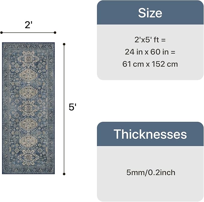Bavni Washable Runner Rug 2x5, Non Slip Vintage Hallway Runner, Ultra Thin Low Pile Washable Carpet for Kitchen Entryway Bedroom, Blue