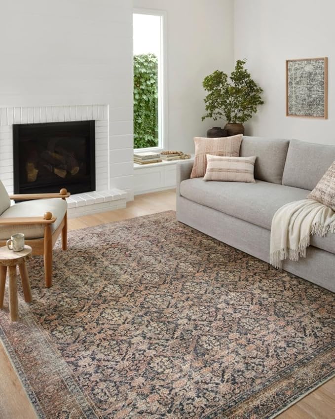 Loloi Amber Lewis Billie Collection, Ink & Salmon 2'-6" x 7'-6" Area Rug – Antique & Distressed Accent Rugs for Living Room, Bedroom, Entryway & Hallway, No Shed High Traffic Area Home Decor Rug