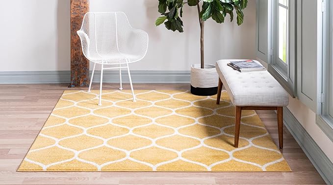 Rugs.com Lattice Frieze Collection Rug – 7' Square Yellow Medium Rug Perfect for Living Rooms, Kitchens, Entryways