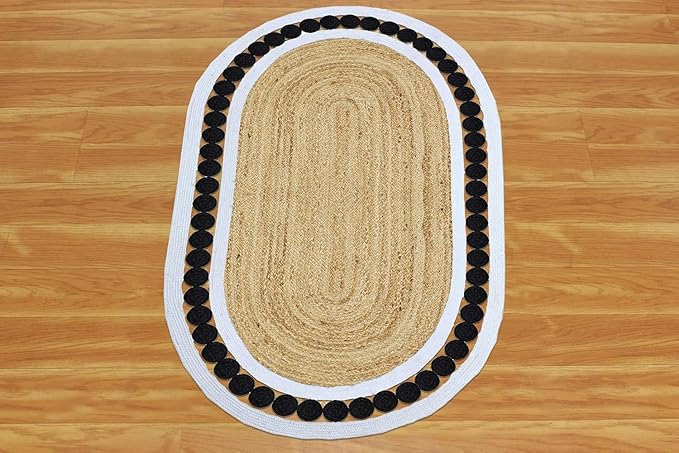 Flatweave Runner 3x10 Oval Kilim Jute Runner Hand Braided Jute Thick 0.27" Solid Pattern Black Beige Natural Oval Handmade Boho Indoor Outdoor Rugs for Hallway Enterway Stair Corridor