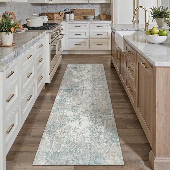 2x10 Washable Runner Rug Blue Cream Abstract Hallway Kitchen Throw Rug Neutral Modern Non Slip Soft Low Pile Lightweight Carpet for Bathroom Laundry Bedroom Living Room