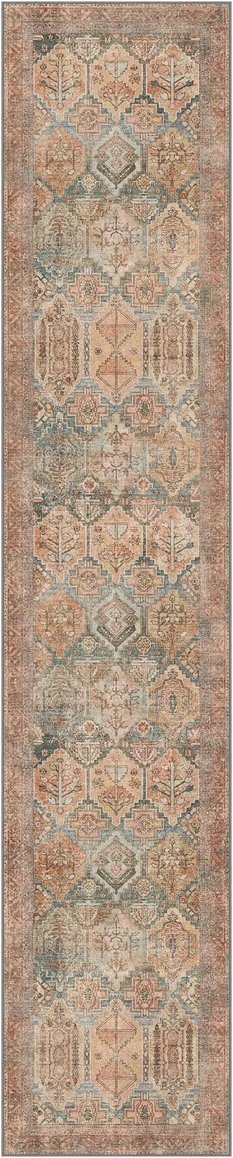 Bavni Runner Rug 2x10 Kitchen Rug for Hallways Entryway, Washable Rug Vintage Print Carpet, Ultra-Thin Chenille Low Pile Lightweight Rug with Non Slip Backing, Clay