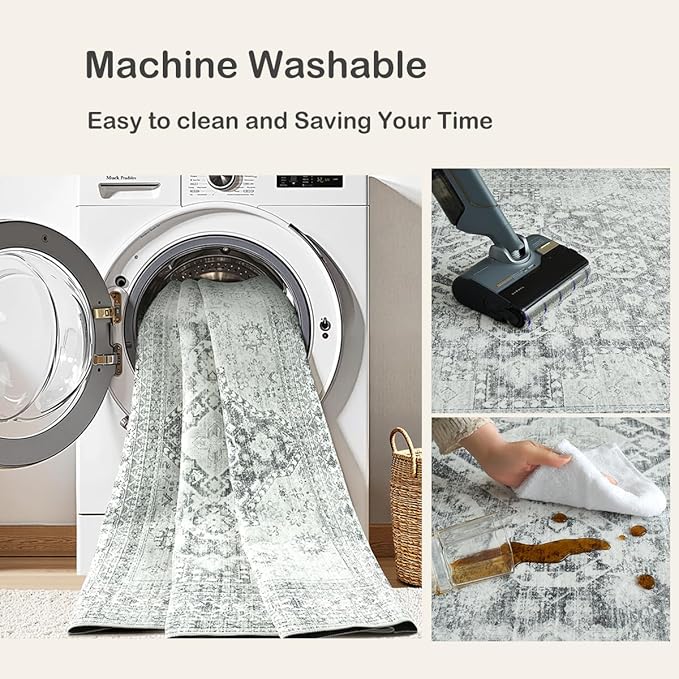 Washable Rug 9x12,Boho Vintage Oriental Washable Rugs,Collapsible Area Rug for Bedroom, Entryway, Kitchen, Bathroom