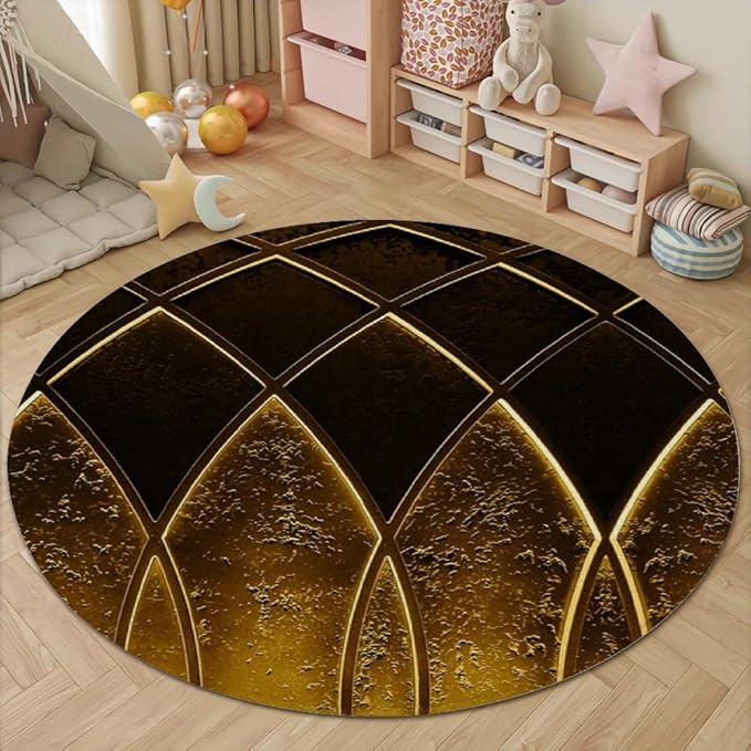 Luxury Black Gold Round Rug Vintage Golden Texture Living Room Circle Area Rugs 3ft Washable Soft Non Slip Low Pile Indoor Floor Carpet for Bedroom Office Kitchen Coffee Table
