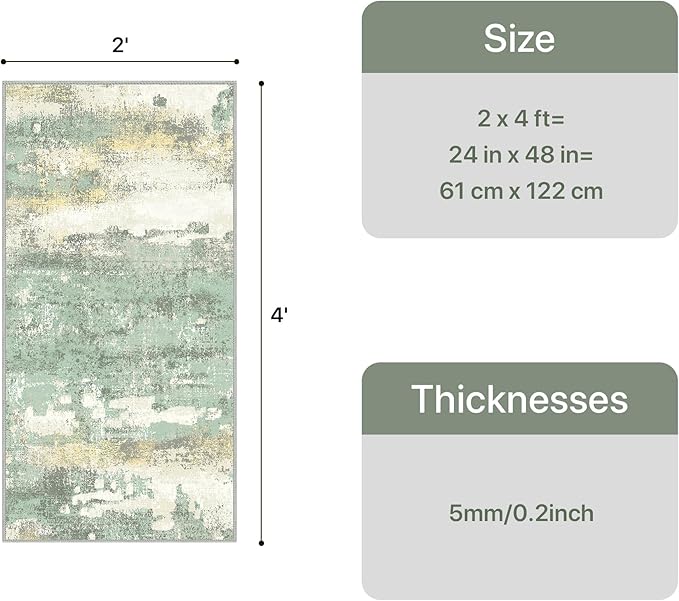 GENIMO 2x4 Entryway Runner Rug, Washable Runners for Kitchen, Indoor Entrance, Bathroom, Low Pile Small Carpet with Non Slip Backing, Abstract Modern Design, Light Green