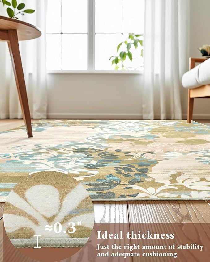 Washable Abstract Rug, 8x10 Willow Green and Blue Floral Area Rugs with Non-Slip Rubber Backed for Living Room, Low Pile Modern Throw Carpet Bedroom Dining Room Decor