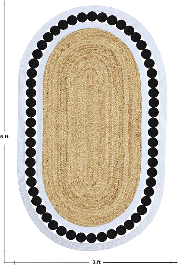 Oval Rugs for 8x11 Jute Oval Rug Natural Kilim Rug Thick 0.27" Solid Design Black Beige Hand Braided Jute Flatweave Mat Handmade Boho Indoor Outdoor Rugs for Bedroom Living Dining Room