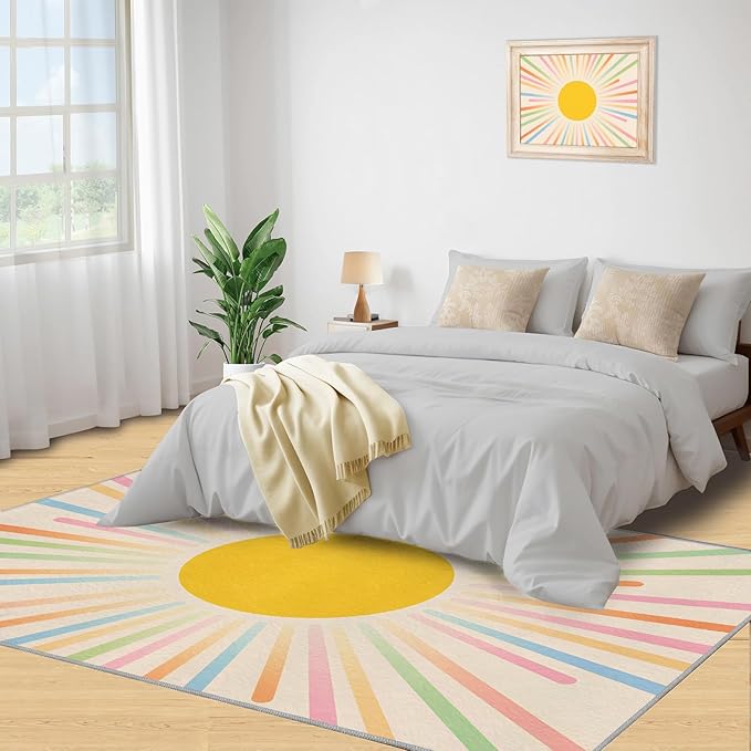 Boho Sun Area Rugs 4x5ft, Minimalist Sunburst Kids Play Rug, Abstraction Deco Throw Rugs Bedroom Fluffie Soft for Coffee Shop Living Room Under Table Game Room