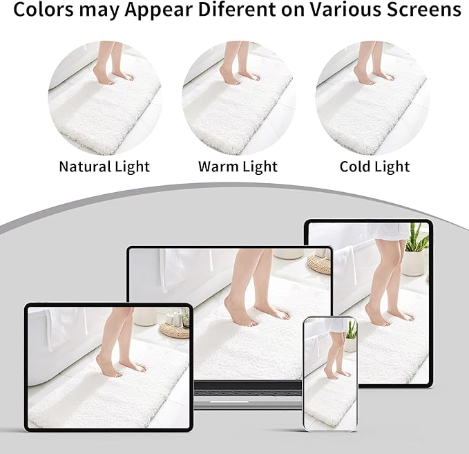 White Bathroom Rug 20x32 Non Slip Fluffy Bath Mat for Bathroom Floor Washable Plush Luxury Bath Rug for Tub Soft Shaggy Absorbent Shower Sink Mat