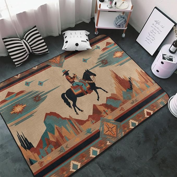 Horse Western Boho Ethnic Style Area Rug Washable Outdoor Rugs Anti-Slip Soft Carpet Entryway Indoor Door Mat for Bedroom,Living Room,Porch,Terrace and Entrance Decor 9'x 6'