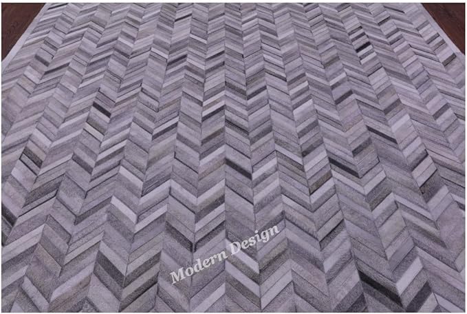 Modern Design Premium Cowhide Leather Carpet with Chevron Pattern, Area Rug (Natural Multi Grey, 5x8)