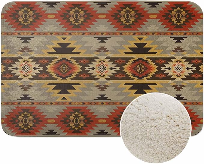 Geometric Pattern Bath Rugs American Navajo Style Aztec Microfiber Bathroom Mat Soft Plush Shaggy Shower Mat for Bathroom Fluffy Comfortable Water Absorbent Carpet Non-Slip Machine Washable 16"X24"