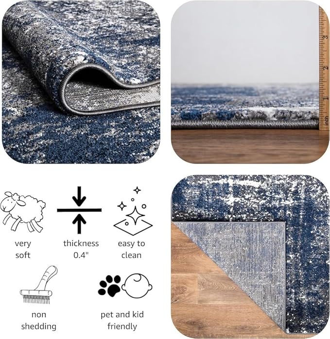 Keen Home Design Area Runner Rugs - 2x8 Non-Shedding, Abstract Runner for Kitchen, Living Room, Bedroom, Dining Room, Entryway - Size: 2'8" x 7'7", Navy/Grey/White