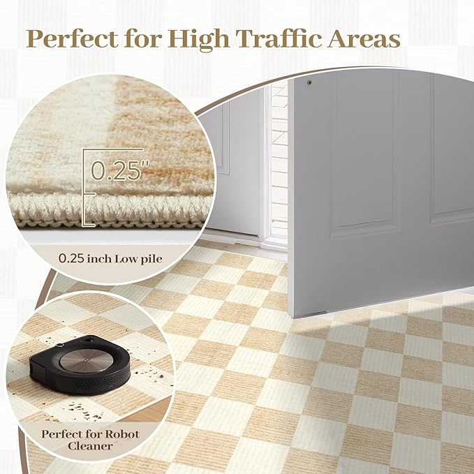 Machine Washable 5x7 Area Rugs for Living Room Checkered, Non Slip Soft Low Pile Farmhouse Geometric Modern Neutral Playroom Boys Rugs for Bedroom, Large Carpet Rugs for Dining Room(Ivory,5'x7')