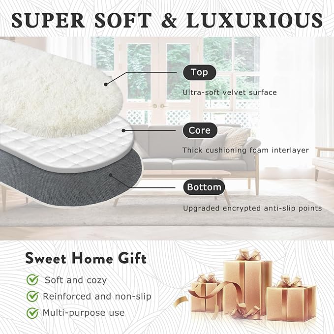 Soft Fluffy Area Rug for Bedroom, Cream White Fuzzy Shaggy Oval Throw Rugs for Bedside, Non-Slip Cozy Plush Shag Carpet for Kids Room Nursery Dorm Living Room, 2.6 x 5.3 Feet