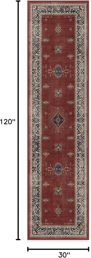 RUGGABLE Washable Vintage Runner Rug – Verena Amber Red 2.5x10, Stain-Resistant, Non-Slip Hallway Runner – Machine Washable Rug for Hallway, Entryway, Living Room & Kitchen–with Cushioned Pad