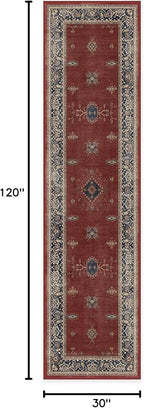 RUGGABLE Washable Vintage Runner Rug – Verena Amber Red 2.5x10, Stain-Resistant, Non-Slip Hallway Runner – Machine Washable Rug for Hallway, Entryway, Living Room & Kitchen–with Cushioned Pad