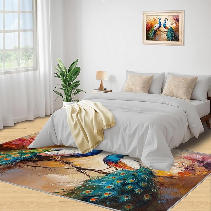 Peacock Rug 3x4-3x4 Rug, Classic Peafowl Floral Area Rugs for Bedroom, Peacock Couples Rugs for Living Room, Oil Painting Art Washable Mat, Aesthetics Carpet - Peafowl Home Decor & Gifts