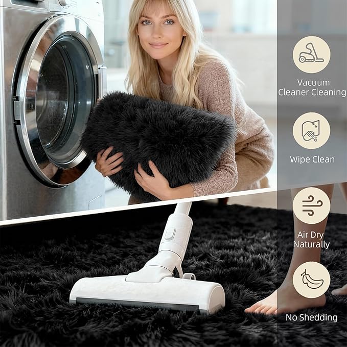 8x10 Solid Fluffy Black Area Rug – Washable, Durable, Extra Large Living Room Rug, Non-Slip High Pile Shag Rugs for Bedroom, Playroom, Nursery Rooms, Kids Room, Soft Indoor Floor Carpet Decor