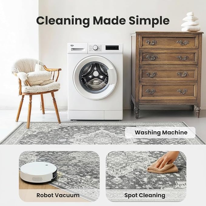 Marsail 8x10 Machine Washable Area Rug,Soft & Slip-Resistant, Vintage Floral Short-Pile with Reinforced Bound Edges, Large Rug for Living Room, Dining Room, Bedroom,Light Grey