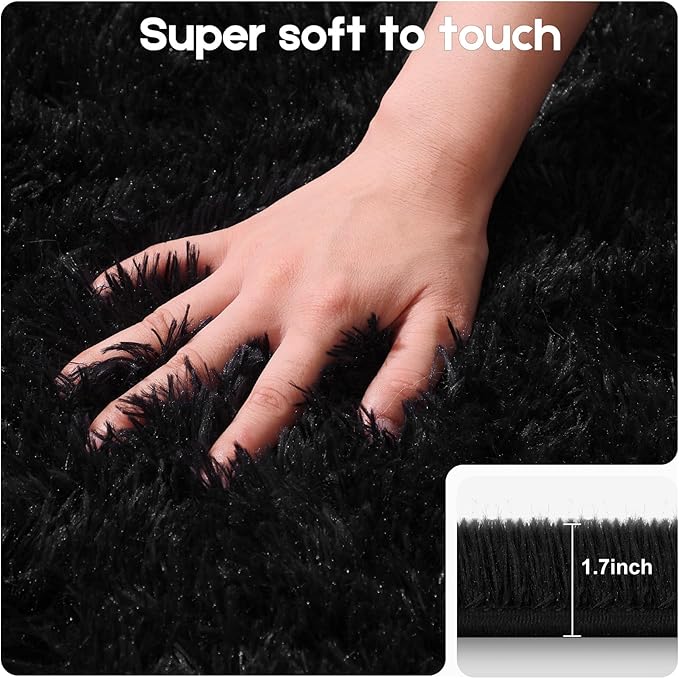4x6 Black Rug for Bedroom Living Room, Fluffy Small Area Rug Soft Shag Carpet for Kids Boys and Girls Room with 4 Rugs Non-Slip Stickers Dorm Home Decor (4ft x 6ft)