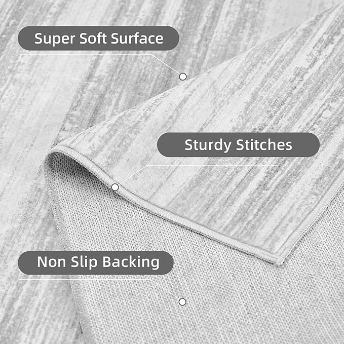 PADOOR Modern Abstract Runner Rug - 2x10 Washable Hallway Rugs, Ultra Soft Non-Slip Low Pile Floor Rugs for Hallway Entryway Kitchen Bedroom Bedside Laundry Room Grey