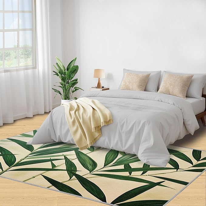 3x5 Bamboo Leaves Dorm Rug - Realistic Botanical Art Small Rugs for Bedroom, Minimalist Leaves Area Rug Washable Non Slip for Bedroom Kitchen Living Room Entryway