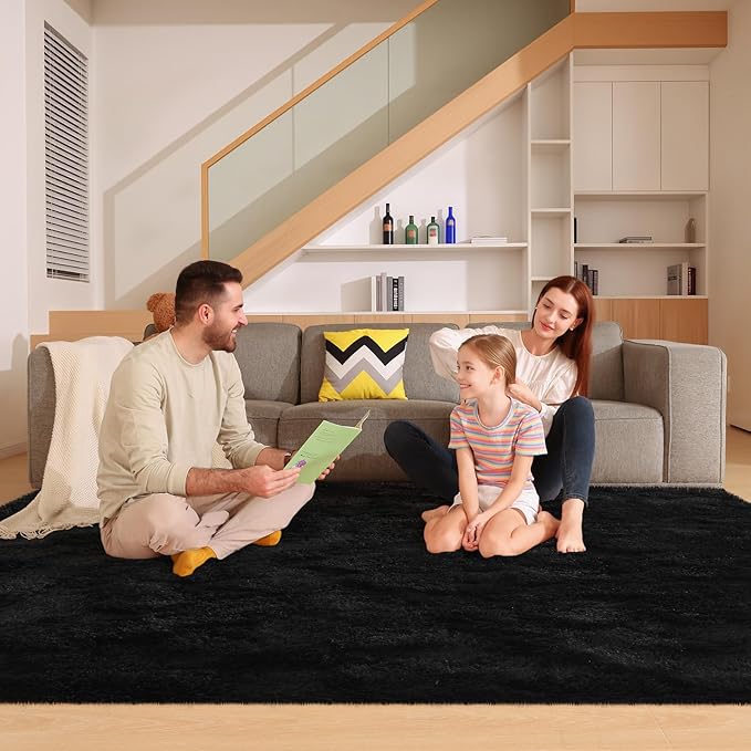 6x9 Black Rugs for Living Room Bedroom, Fluffy Large Area Rug Soft Shag Non-Slip Carpet for Kids Boys and Girls Room Dorm Home Decor (6ft x 9ft)