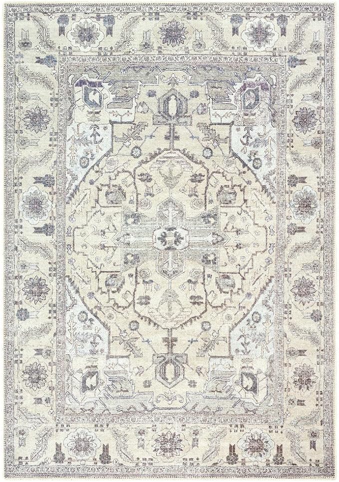 GLN Rugs Traditional Collection - Machine Washable Area Rug, Traditional Washable, Non Slip, Low Pile Chenille Rug, Living Room, Bedroom, Kitchen Rug (9' x 12' Cream/Gray)