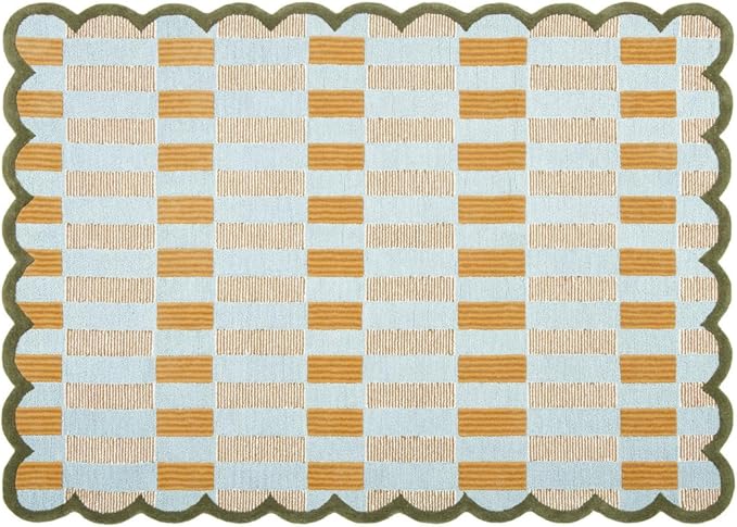 Hand-Tufted Wool Rug with Scalloped Edges, Light Blue Plaid Pattern, Cozy Soft Area Rug for Living Room, Bedroom, and Nursery, Handmade Modern Accent Rug, 3x5 Ft