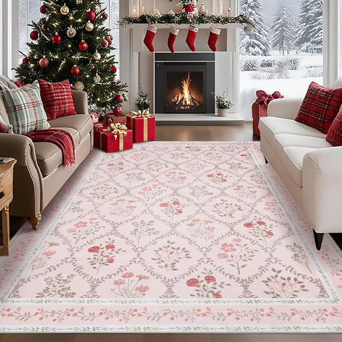 YIHOUSE 6x9 Washable Rug for Bedroom, Pink Floral Rugs for Living Room Non Slip Ultra-Thin Large Boho Rug for Kids Playroom, Classroom, Girls Dorm, Nursery, Pink Multi
