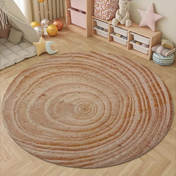 Tree Stump Growth Rings Washable Round Rugs Wood Color Texture Circle Rugs for Living Room Entryway Round Area Rug Soft Non Slip Nursery Carpet for Bedroom Dining Coffee Table 4ft