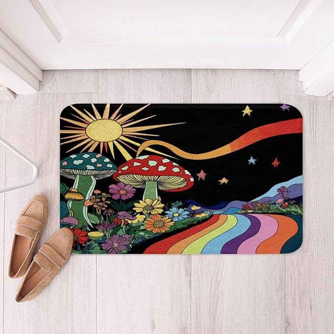 Erosebridal Trippy Mushroom Bathroom Rugs Groovy Floral Mats Rainbow Striped Ultra Soft Bathtub Rugs 20x32 Hippie Boho Eye Room Decor Starry Night Bath Mat 70s Theme Decor