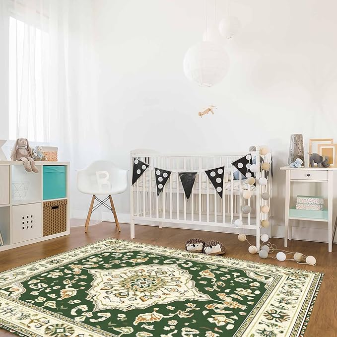 Green Bohemian Rectangular Area Rugs for Living Room Bedroom 3 x 5 ft Vintage Farmhouse Floral Pattern Non-Shedding Soft Low Pile Rug Non Slip Washable Rug for Nursery Entryway Playroom