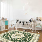 Green Bohemian Rectangular Area Rugs for Living Room Bedroom 3 x 5 ft Vintage Farmhouse Floral Pattern Non-Shedding Soft Low Pile Rug Non Slip Washable Rug for Nursery Entryway Playroom
