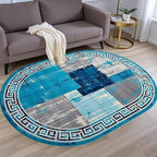 Distressed Blue Grey Greek Key Pattern Indoor Area Rug 6x9 for Living Room Bedroom Dining Room Faux Wool Anti Slip Floor Mats Nursery Entryway Minimalist Geometric Texture Bordered Rugs Retro Carpet