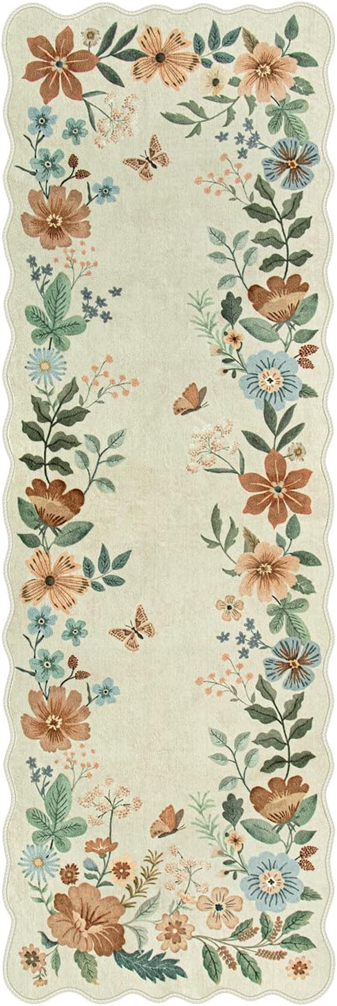 Lahome Floral Kitchen Runner Rug, 2X6 Rug Runners for Hallways Non Slip Ultra-Thin Soft, Non Slip Washable Runner Low-Pile Stain Resistant Boho Carpet for Bathroom Bedroom(2x6ft,Beige)