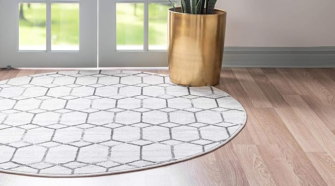 Rugs.com Lattice Trellis Collection Rug – 3 Ft Round White Low-Pile Rug Perfect for Kitchens, Dining Rooms