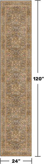 Non Slip 2x10 Gold Brown Hallway Runner - 10ft Long Runner Rugs, Washable Kitchen Floor Mat - Vintage Floral Design Décor
