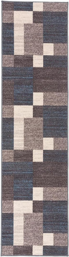 Rugshop Contemporary Blue Geometric Boxes Non-Slip Area Rug Non-Shedding for Living Room, Dining Room and Office, 2" x 7" (22" X 84")