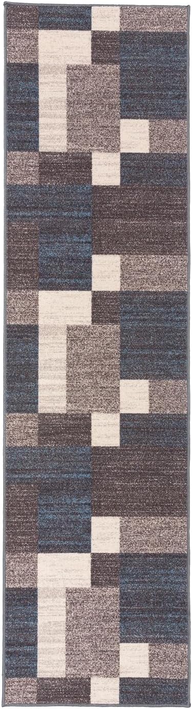 Rugshop Contemporary Blue Geometric Boxes Non-Slip Area Rug Non-Shedding for Living Room, Dining Room and Office, 2" x 7" (22" X 84")