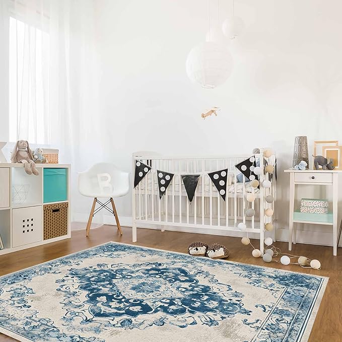 Blue Bohemian Rectangular Area Rugs for Living Room Bedroom 2.8 x 5 ft Vintage Farmhouse Floral Pattern Non-Shedding Soft Low Pile Rug Non Slip Washable Rug for Nursery Entryway Playroom