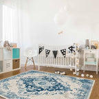 Blue Bohemian Rectangular Area Rugs for Living Room Bedroom 5 x 6.9 ft Vintage Farmhouse Floral Pattern Non-Shedding Soft Low Pile Rug Non Slip Washable Rug for Nursery Entryway Playroom