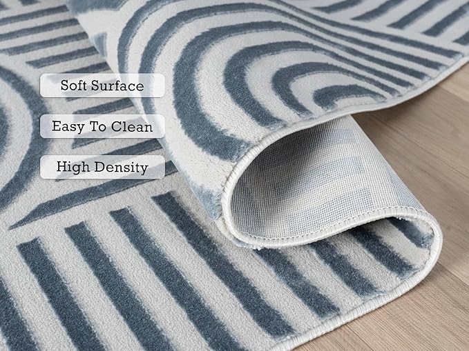 Annabel Modern Geometric Runner Rug for Kitchen, 2x7 Contemporary Arched and Linear Blue Runner, High-Low Pile Stain Resistant Carpet for Bedroom, Hallway or Entryway (2' x 7', Blue)