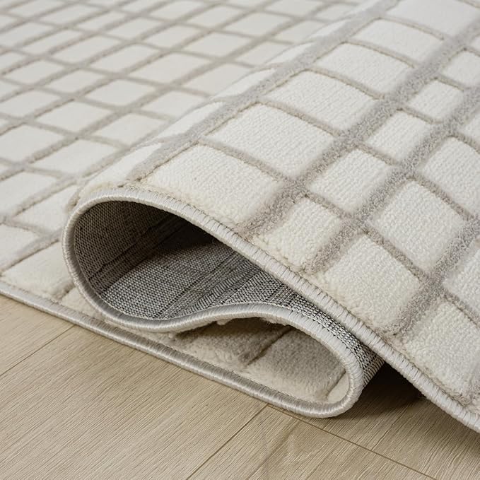 Abani Cream Grid Textured Area Rug - 5 x 8' - Chunky, Plush and Soft Washable Carpet - Perfect for Living Room & Bedroom - Plush Deco Collection