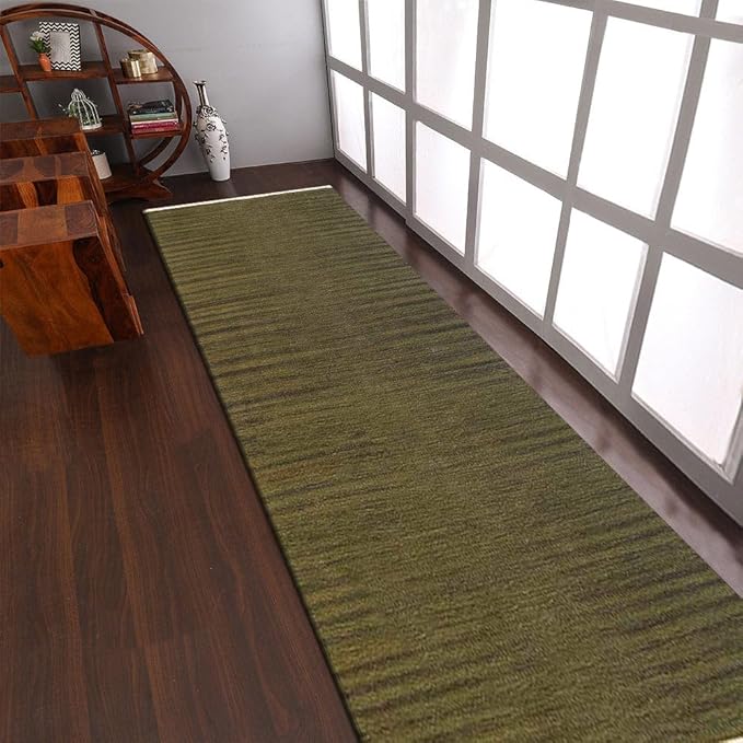 Rugsotic Carpets Hand Woven Flat Weave Kilim Wool ECO-Friendly Area Rugs - 2'6''x12', Runner Shape, Olive Color, Solid Plain Design, Low Pile Handmade Area Rugs for Living Room, Bed Room (D00111)