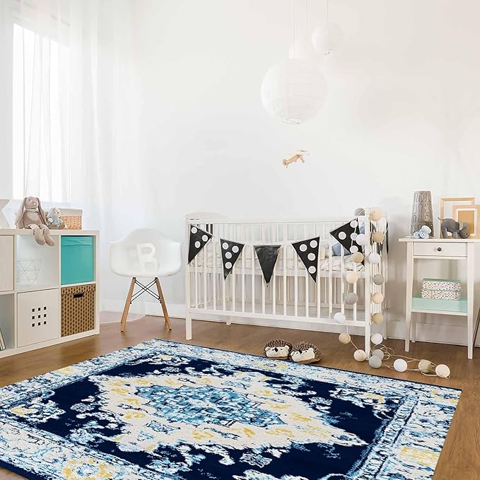 Bohemian Pattern Rectangular Area Rugs for Living Room Bedroom 5 x 6.9 ft Blue & Yellow Abstract Non-Shedding Soft Low Pile Rug Non Slip Washable Rug for Nursery Entryway Playroom