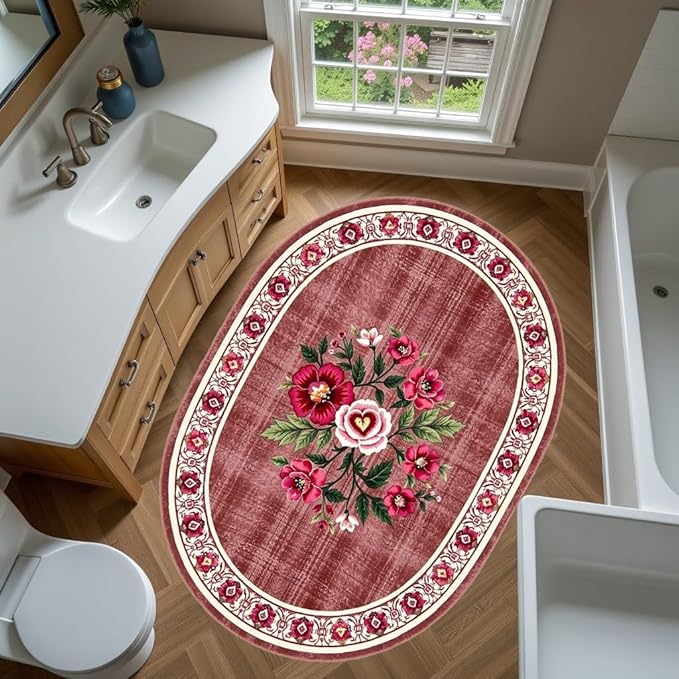 Retro Country Distressed Burgundy Green Florals Texture Bordered Rugs 9x12 for Living Room Bedroom Dining Room Soft Washable Non Skid Area Rug Guestroom Kitchen Doormats Rustic Indoor Oval Carpet