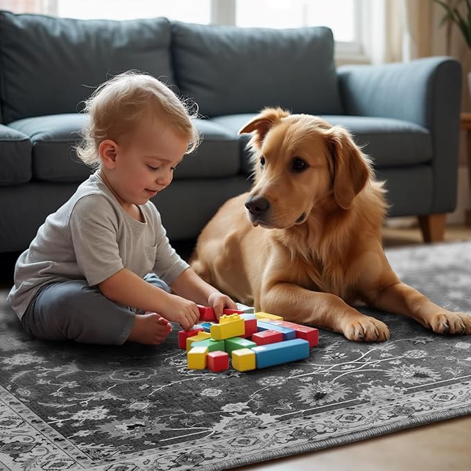 Area Rug 5x7, Washable Faux Wool Throw Rugs for Living Room, 0.3″ Non Slip Low Pile Vintage Boho Carpet for Ding Room, Home Office, Bedroom, Kids Room, Bedside (Black)
